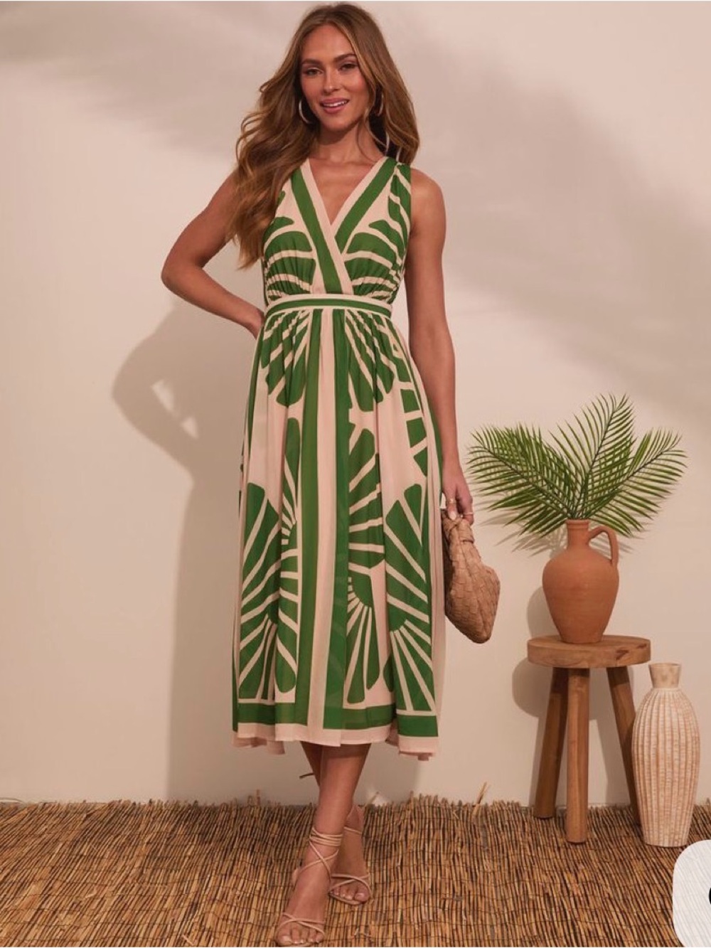 Green Leaf-Print V-Neck Midi Dress